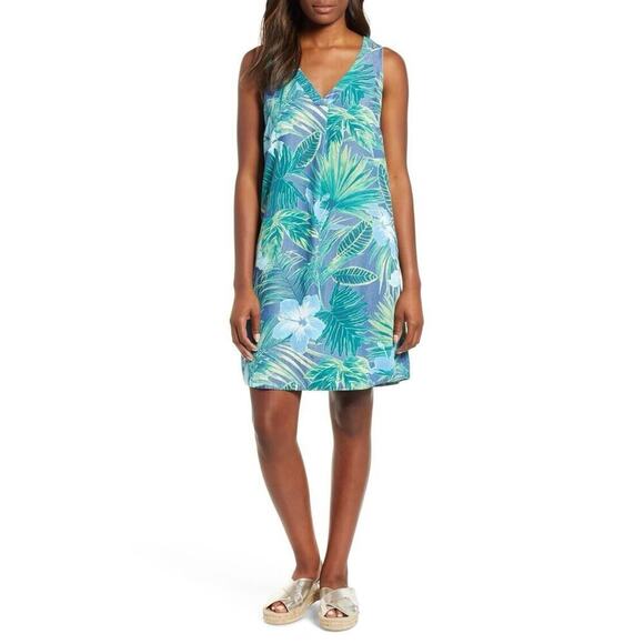 Tommy Bahama Kayo Blossoms Chambray Shift Dress Sleeveless Women Sz M Palm Three - Picture 1 of 9
